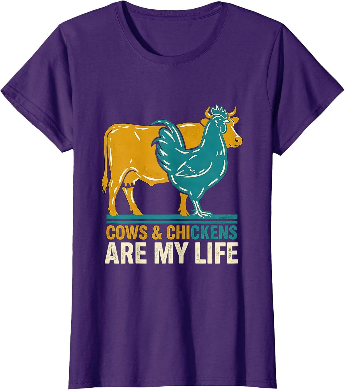 Women's Cows & Chickens Are My Life Midcentury Modern Farm Animal T-Shirt - Purple