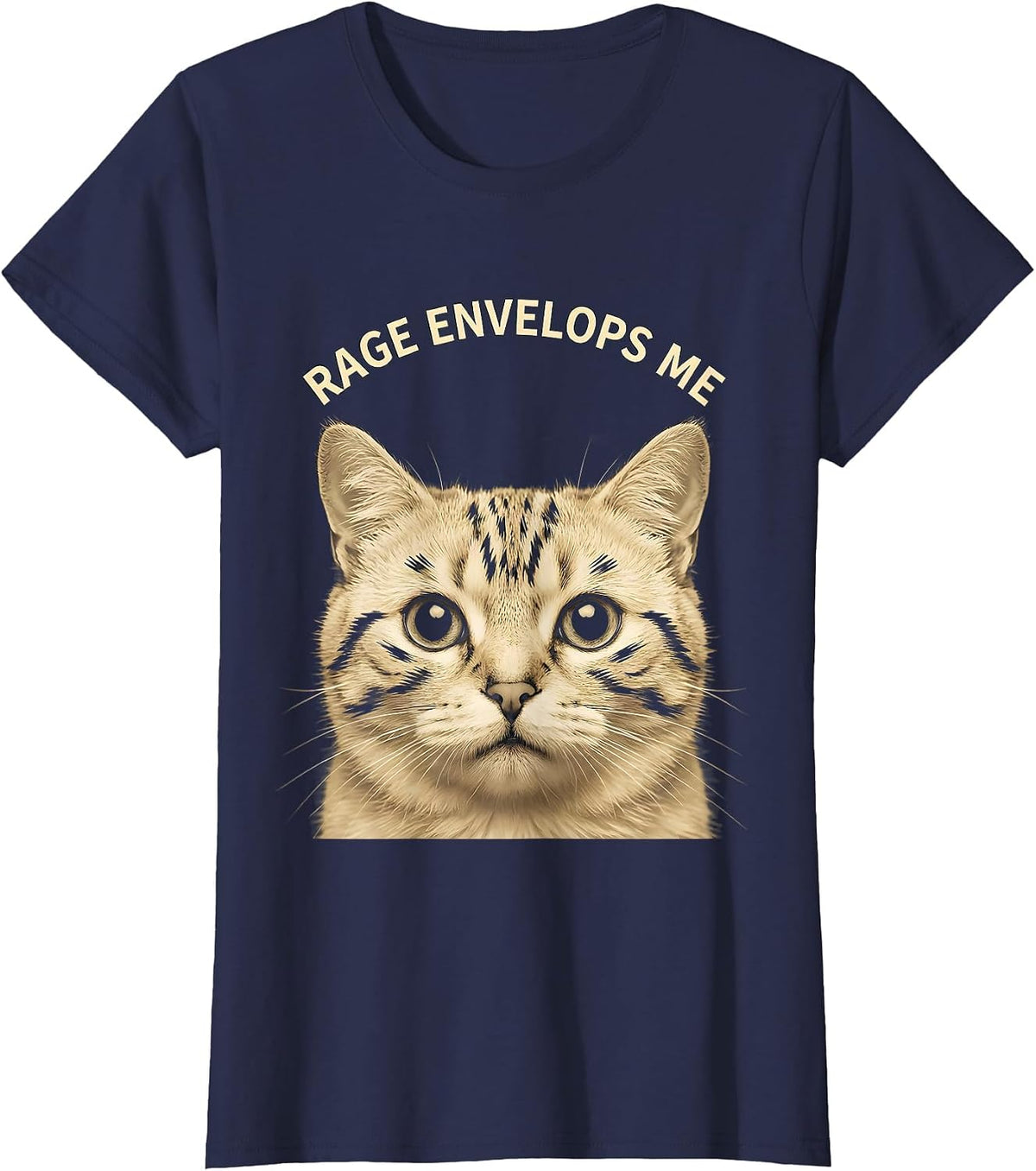 Women's Rage Envelops Me Funny Cat Meme Silly Staring Cat Lover T-Shirt - Navy Blue