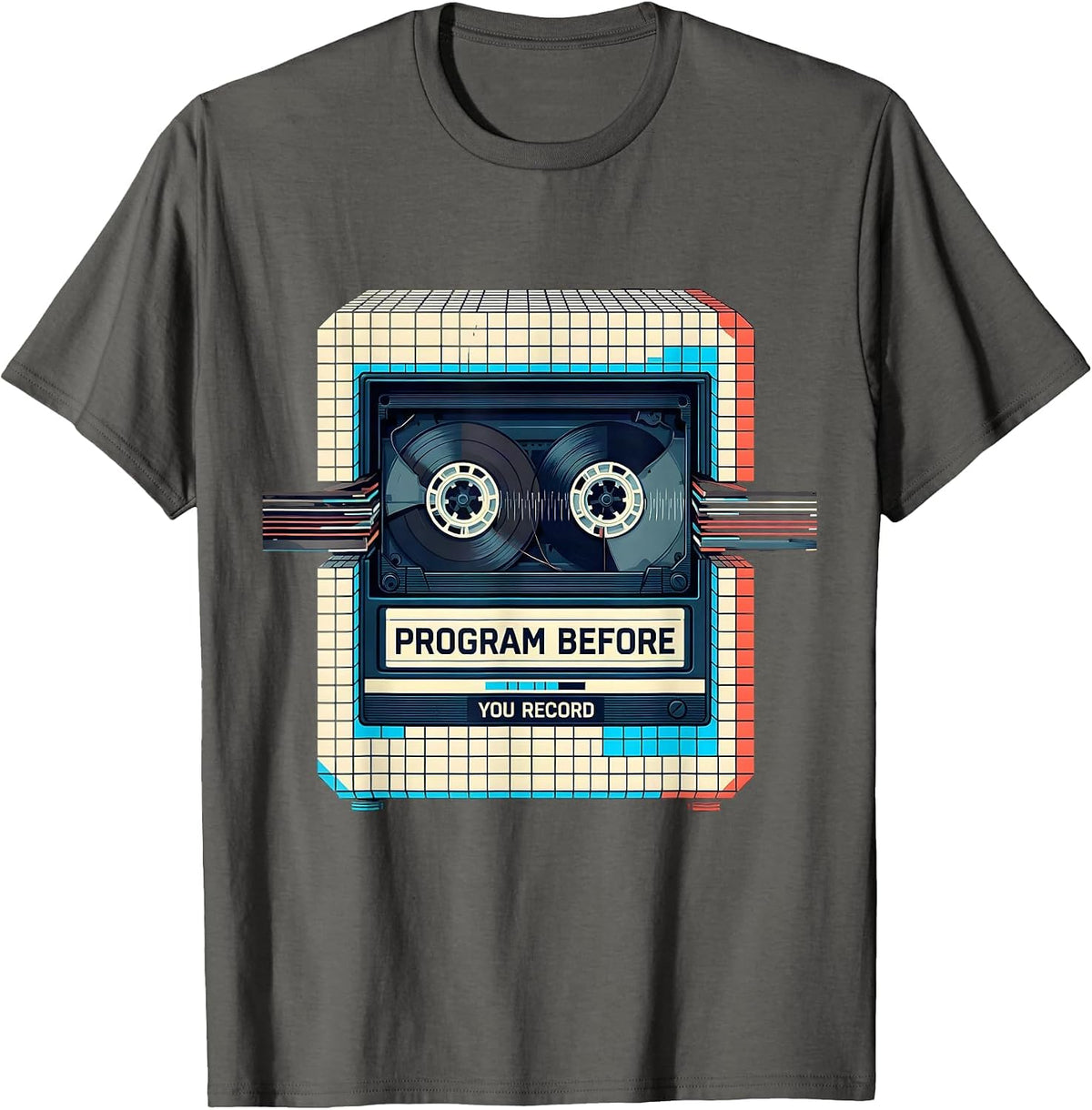 Program Before You Record Pixel Art 80s Retro Nostalgia T-Shirt - Asphalt Grey