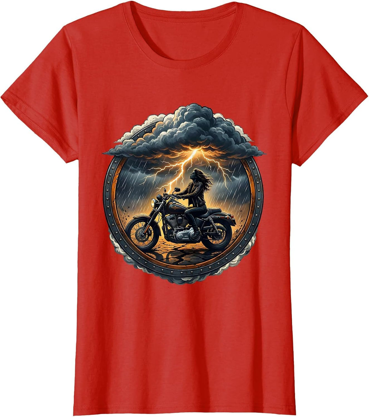 Biker Storm Chaser Lightning Strike Graphic T-Shirt - Red