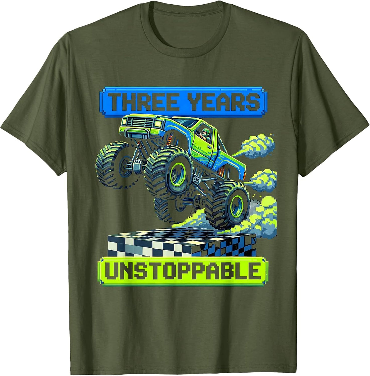 Three Years Unstoppable Pixel Art Monster Truck 3rd Birthday T-Shirt - Olive Green