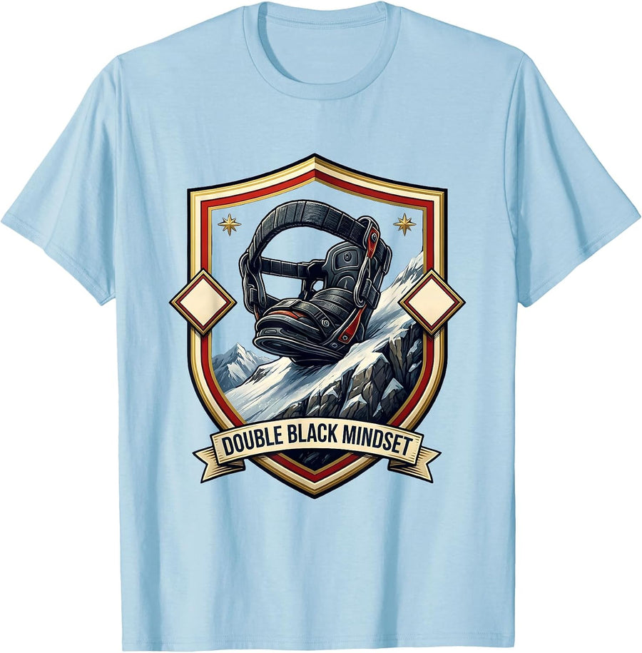 Men's Double Black Mindset Funny Snowboarder Ski Humor Emblem T-Shirt - Baby Blue