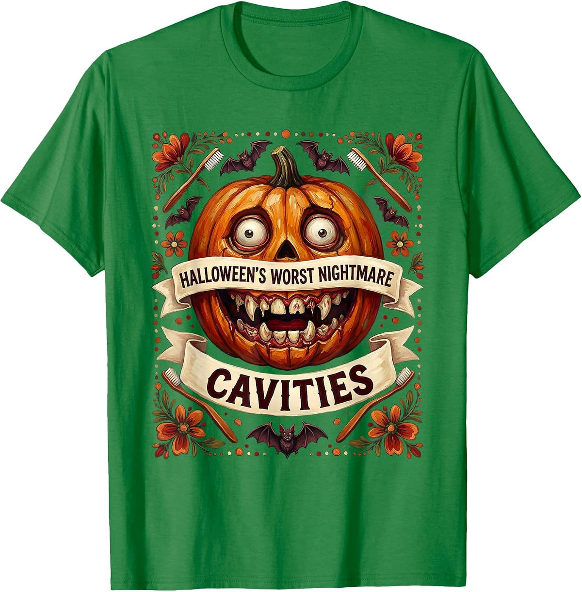 Men's Halloween's Worst Nightmare Cavities Dental Design T-Shirt - Kelly Green