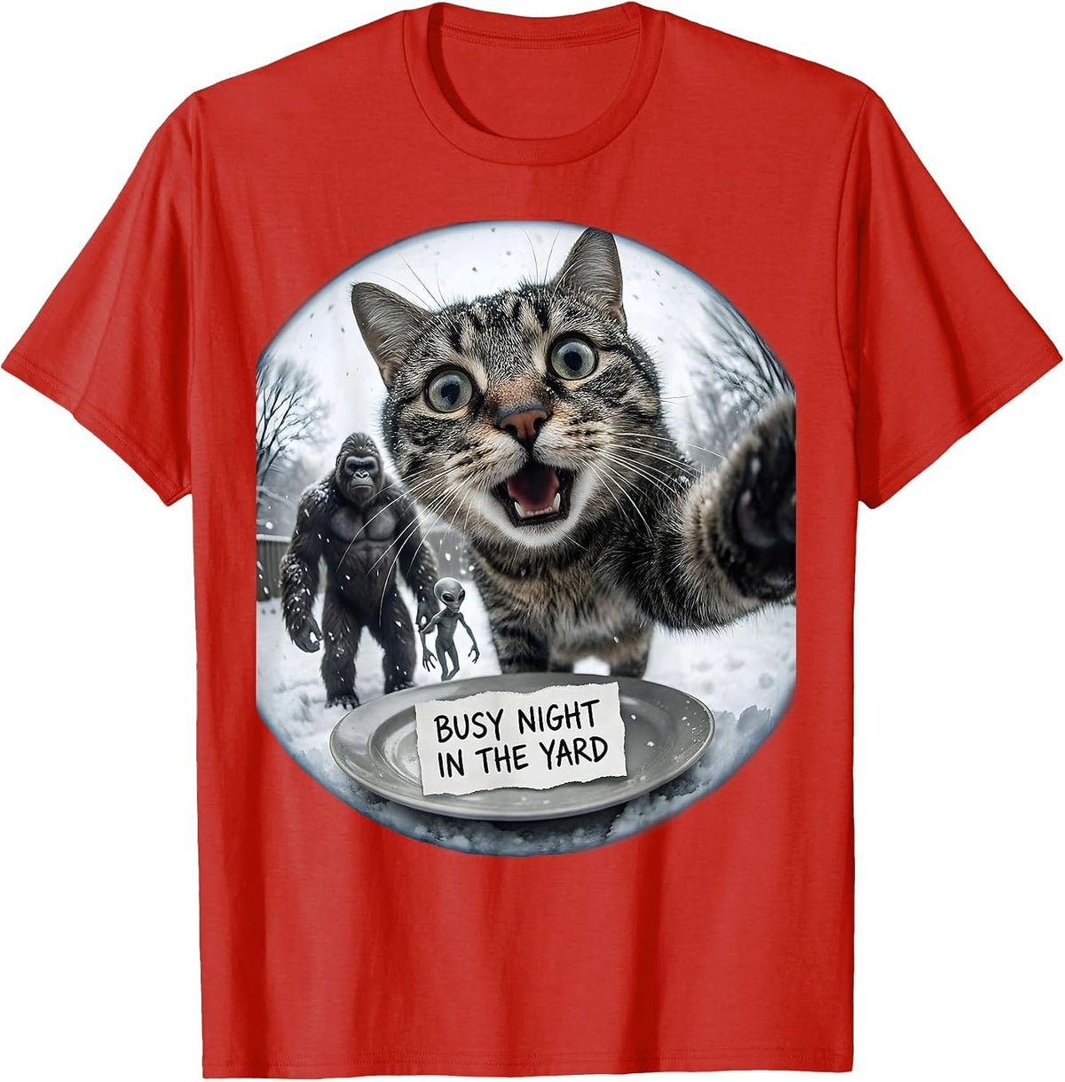 Men's Busy Night In The Yard Funny Cat Bigfoot Alien Meme Humor T-Shirt - Red