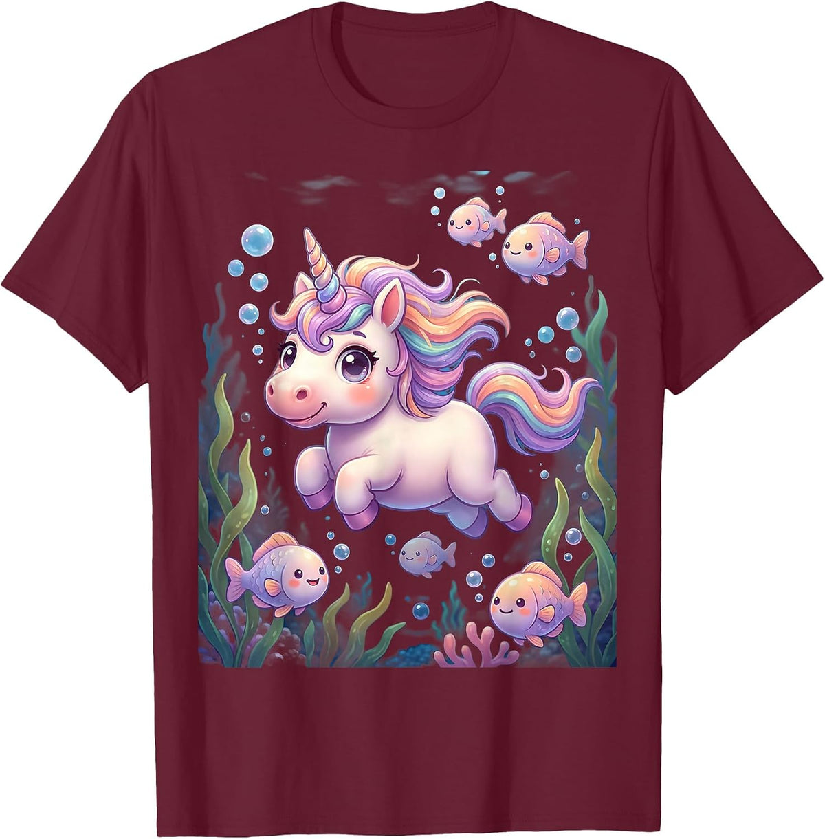 Unicorn Deep Sea Underwater Ocean Adventure Graphic T-Shirt - Burgundy