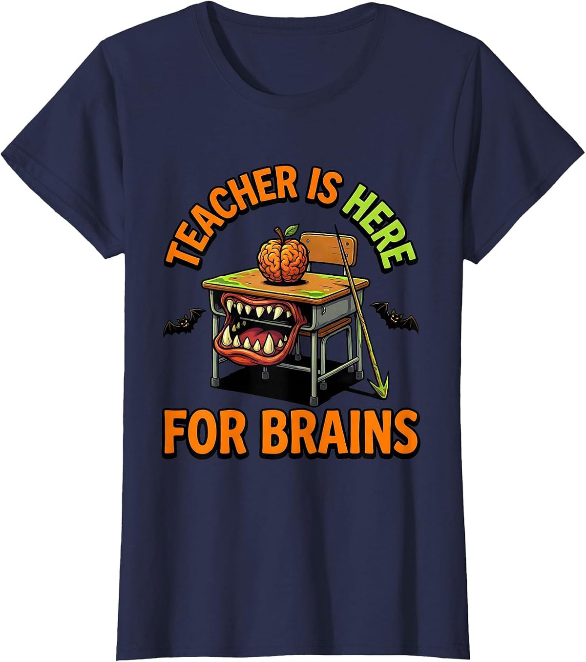 Women's Teacher Is Here For Brains Funny Teacher Halloween Costume T-Shirt - Navy Blue