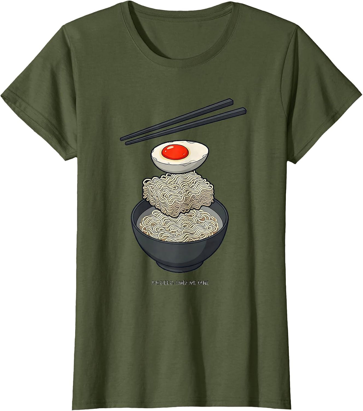 Women's Powered By Ramen And Anime Retro Anime Lover Foodie Humor T-Shirt - Olive Green