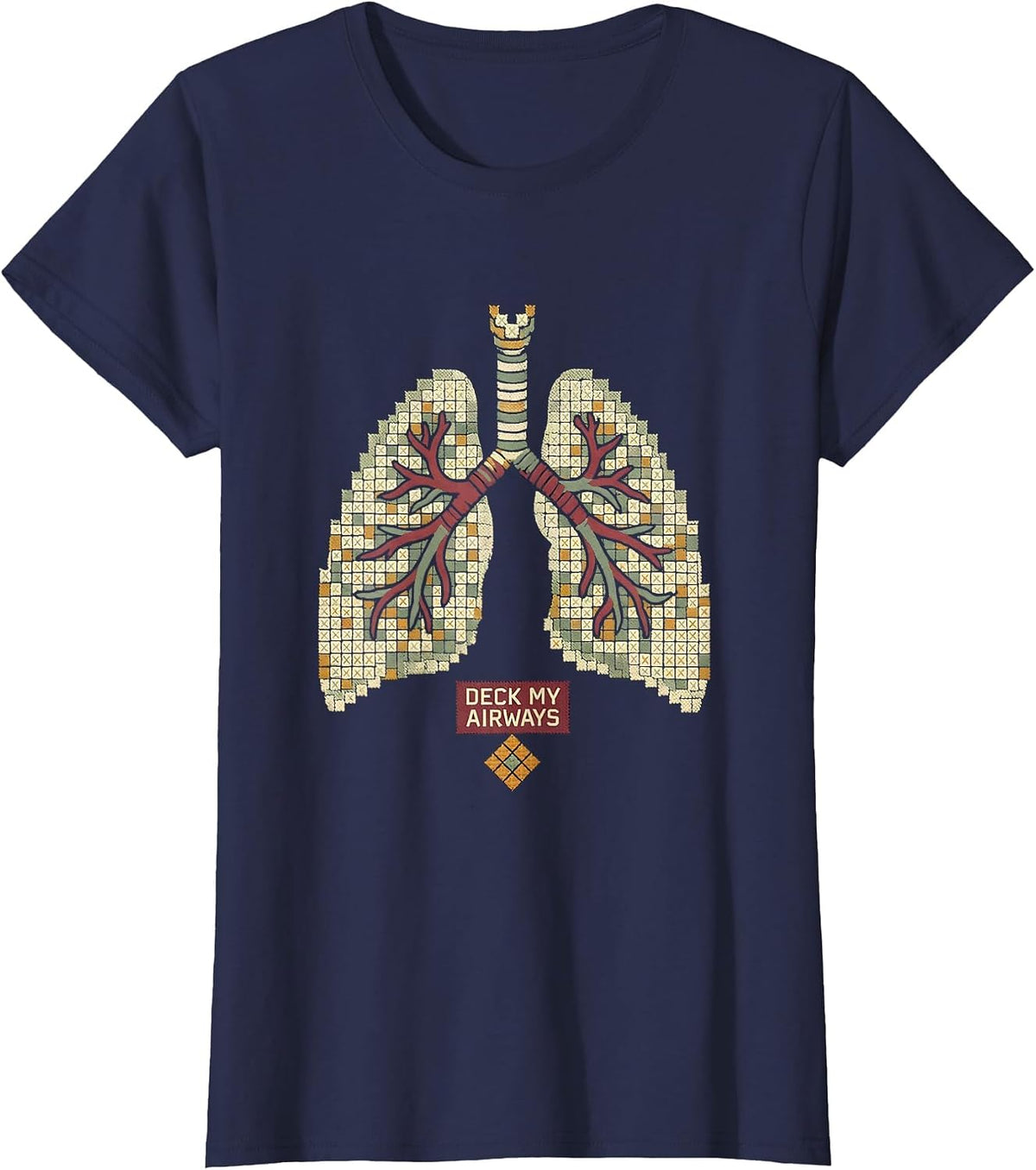 Women's Deck My Airways Cross Stitch Respiratory Therapist Christmas T-Shirt - Navy Blue
