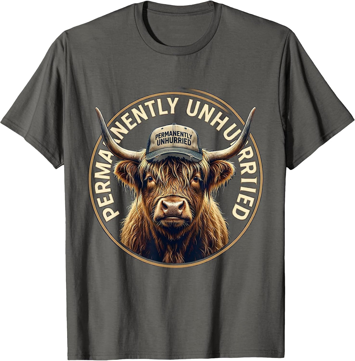 Men's Permanently Unhurried Highland Cow Humor Farm Life T-Shirt - Asphalt Grey