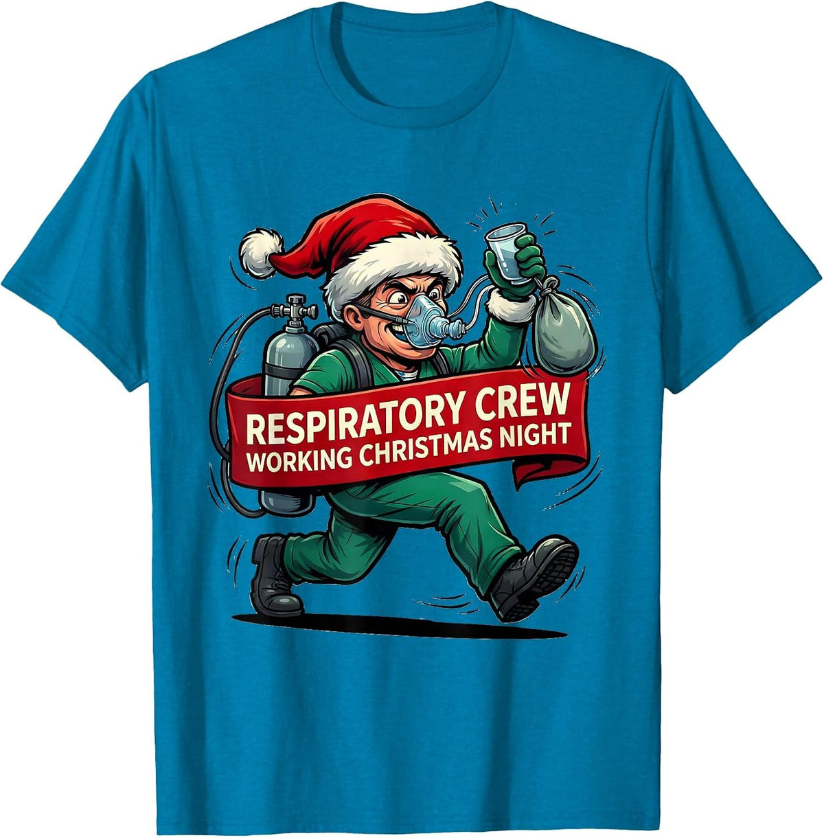 Respiratory Crew Working Christmas Night Funny T-Shirt - Sapphire Blue