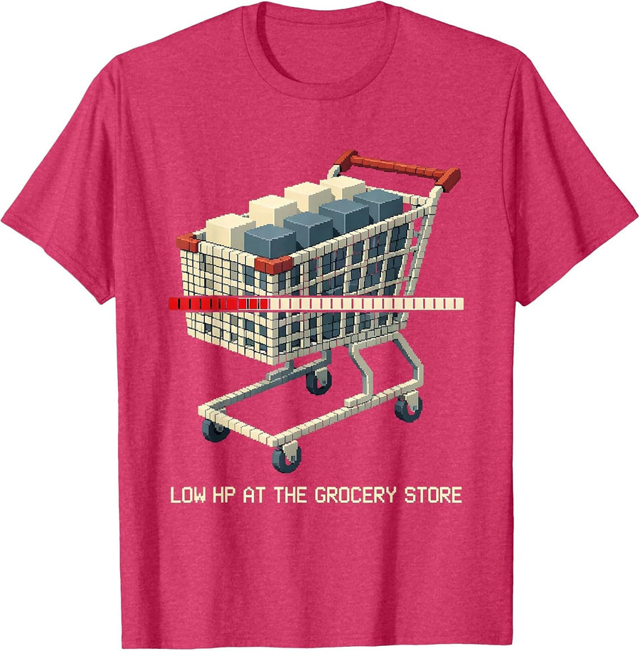 Low HP At The Grocery Store Funny Retro Gamer RPG Parody T-Shirt - Red Heather