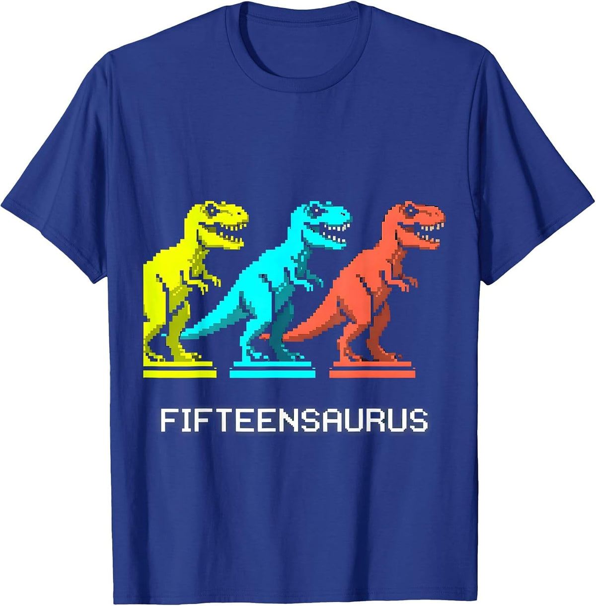 Fifteensaurus Pixel Art Dinosaur Family Humor ABC Learning T-Shirt - Royal Blue