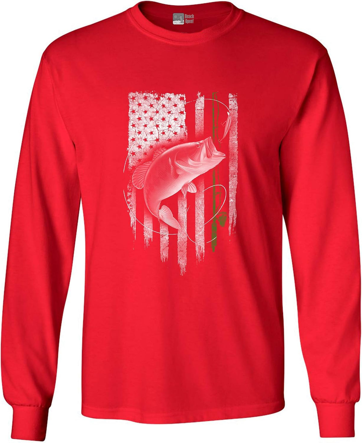Long Sleeve Adult Tee Fish Hunting Fishing Rod American Flag USA DT - Red