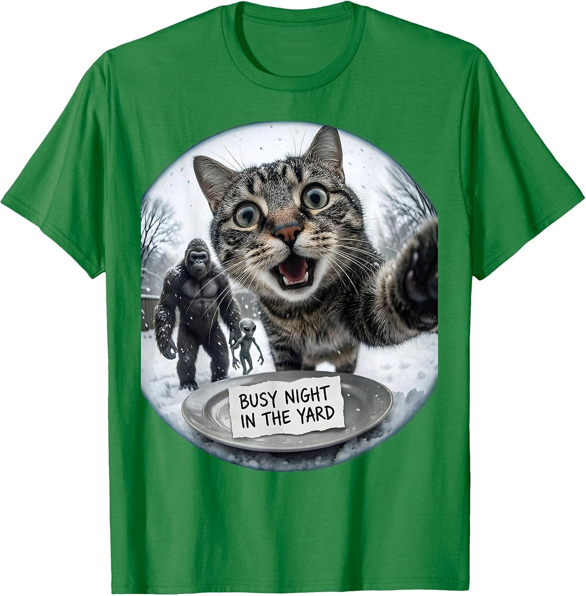 Men's Busy Night In The Yard Funny Cat Bigfoot Alien Meme Humor T-Shirt - Kelly Green