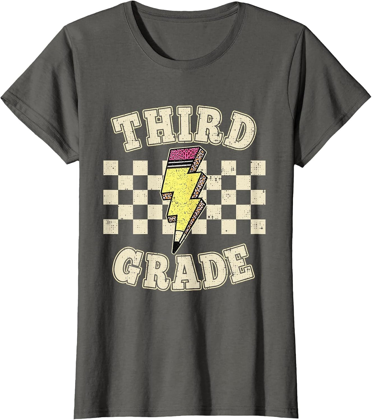 Third Grade Lighting Bolt Pencil Retro 3rd Grade Teacher T-Shirt - Asphalt Grey