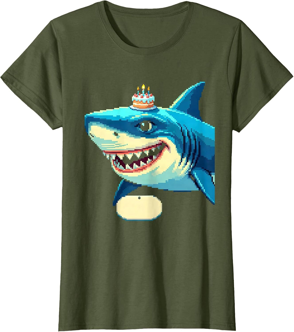Women's Shark Birthday Party Pixel Art Kids Matching Family T-Shirt - Olive Green