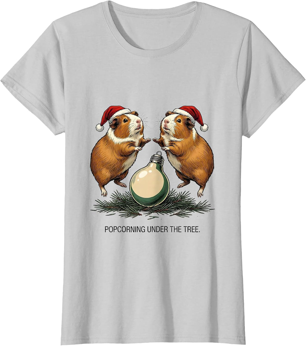 Women's Popcorning Under The Tree Funny Guinea Pig Christmas Santa T-Shirt - Silver Grey