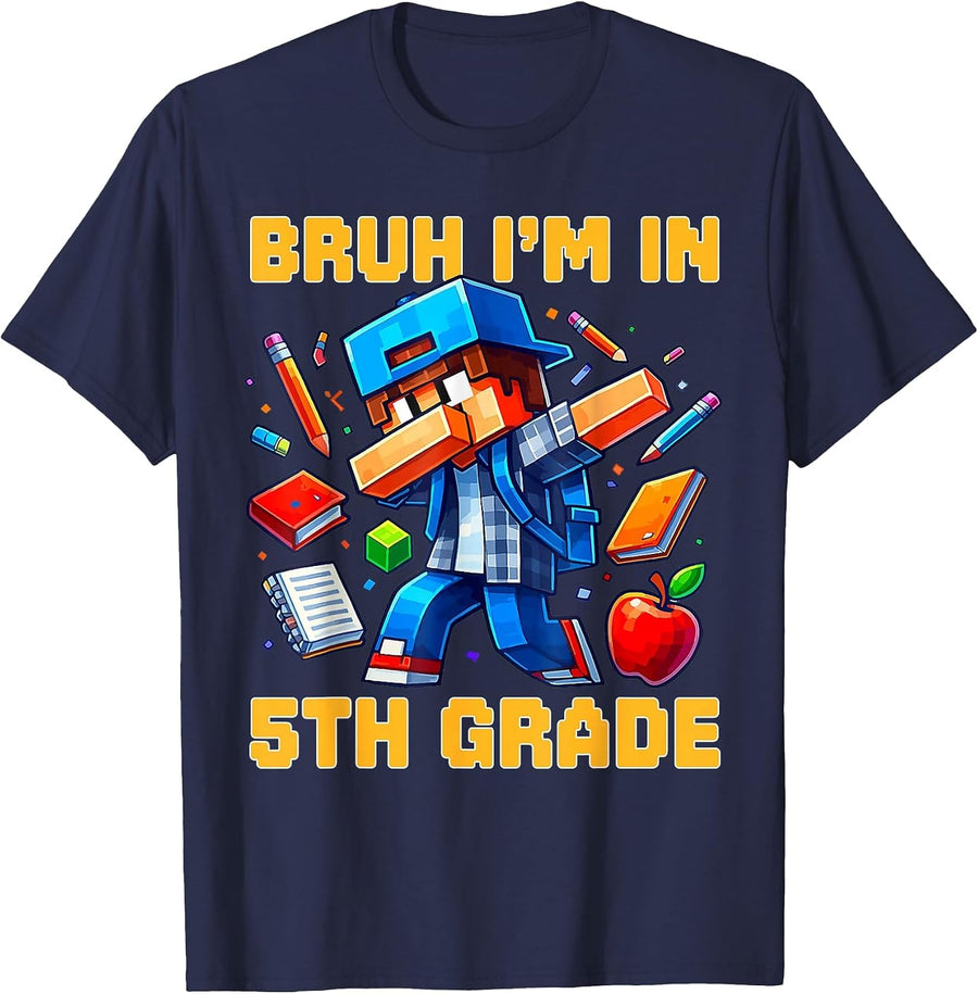 Bruh I'm in 5th Grade Dabbing Boys Kids Gamer Back to School T-Shirt - Navy Blue