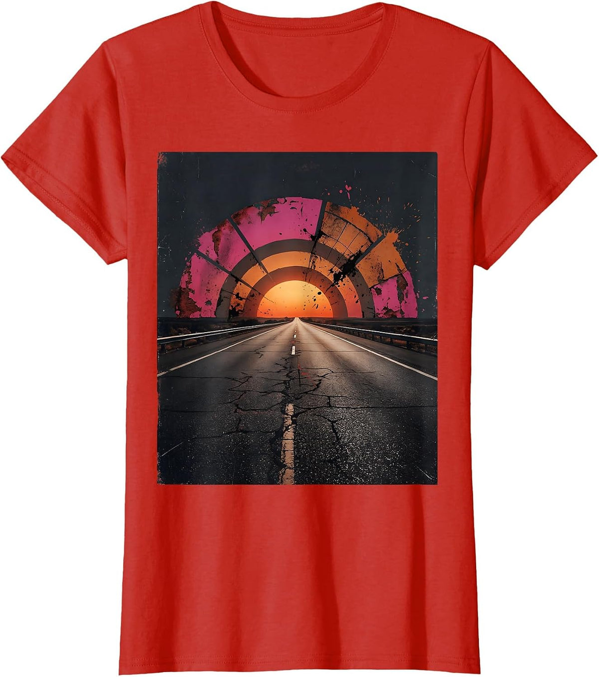Neon Grid Highway Retro 80s Synthwave Design T-Shirt - Red