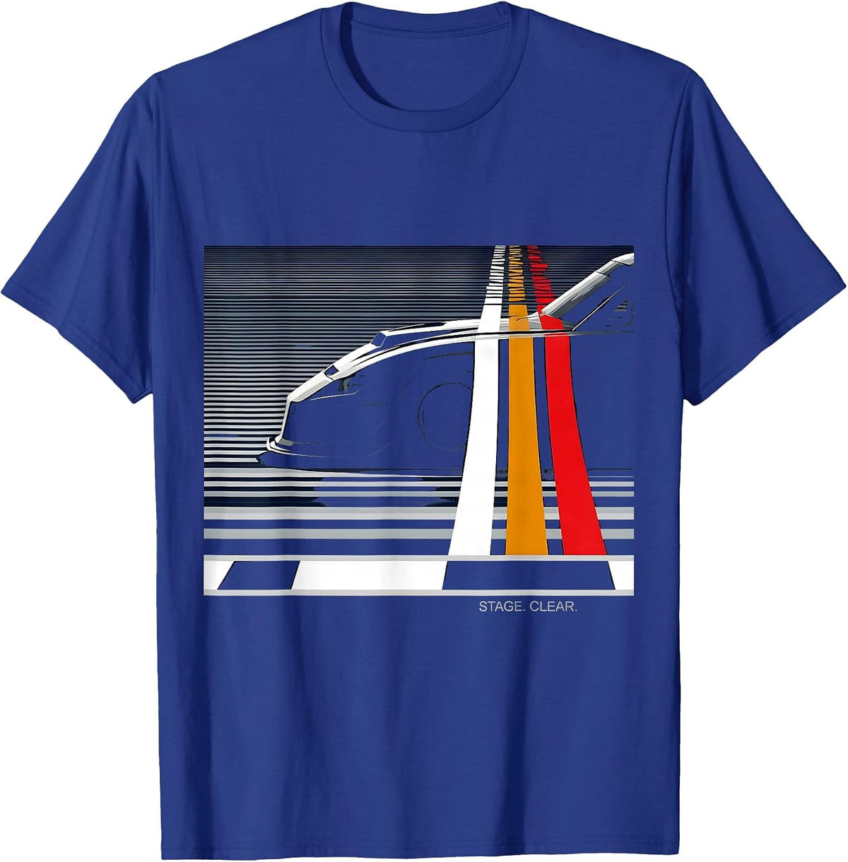 Stage. Clear Disrupted Stripe Drag Racing RC Car Enthusiast T-Shirt - Royal Blue