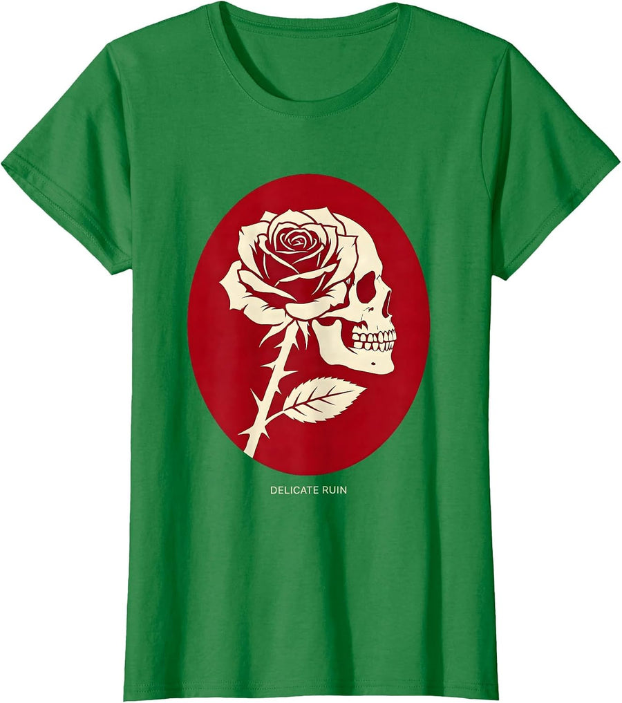 Women's Delicate Ruin Gothic Rose Skull Alt Aesthetic Dark Romantic T-Shirt - Kelly Green
