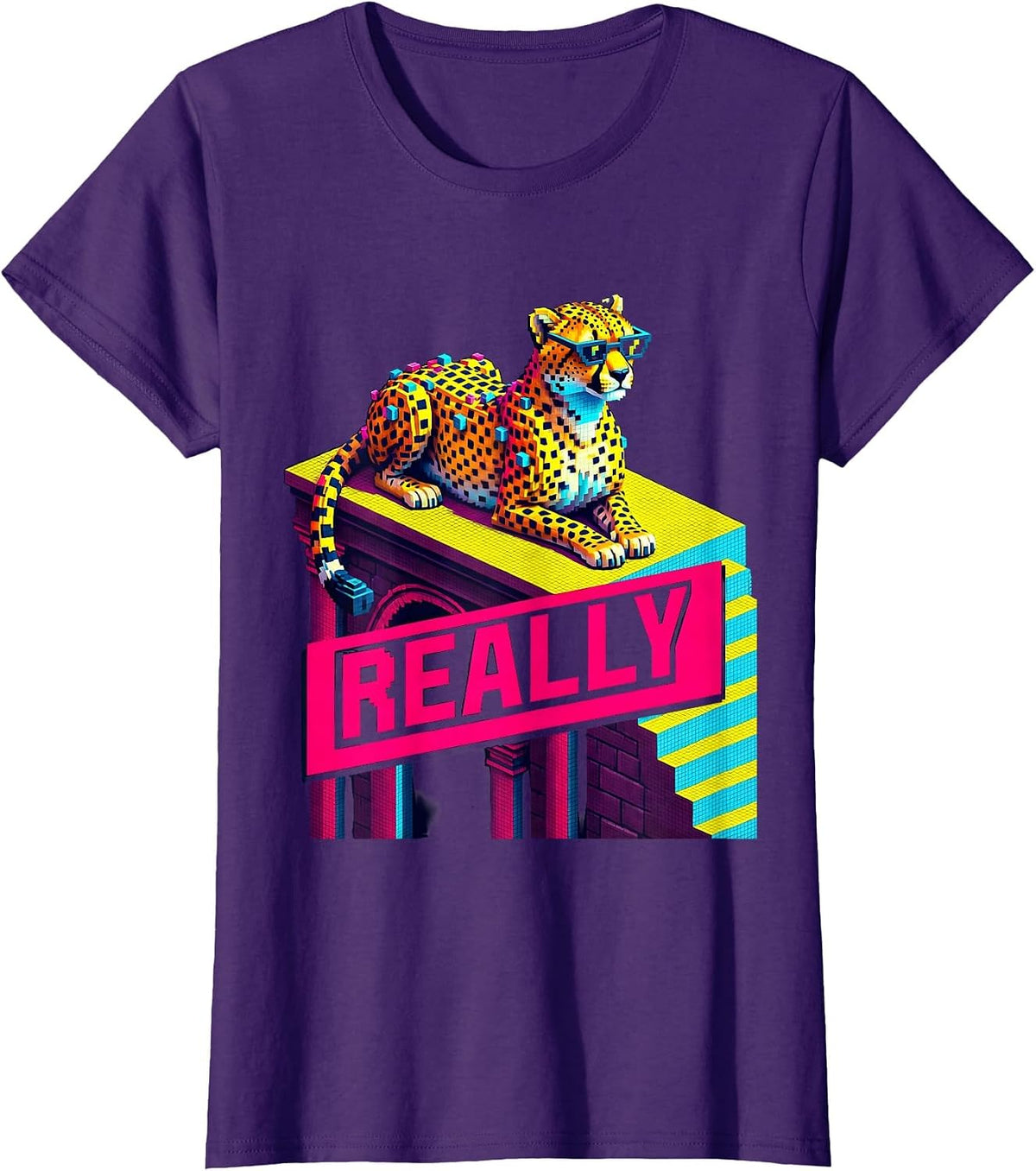Women's Really Pixel Art Cheetah Lounging Funny Animal Lover Youth T-Shirt - Purple