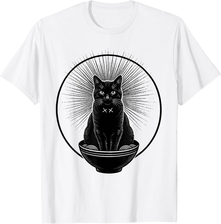 Men's Blackwork Cat Ramen Kaiju Anime Art Cat Lover Gift T-Shirt - White