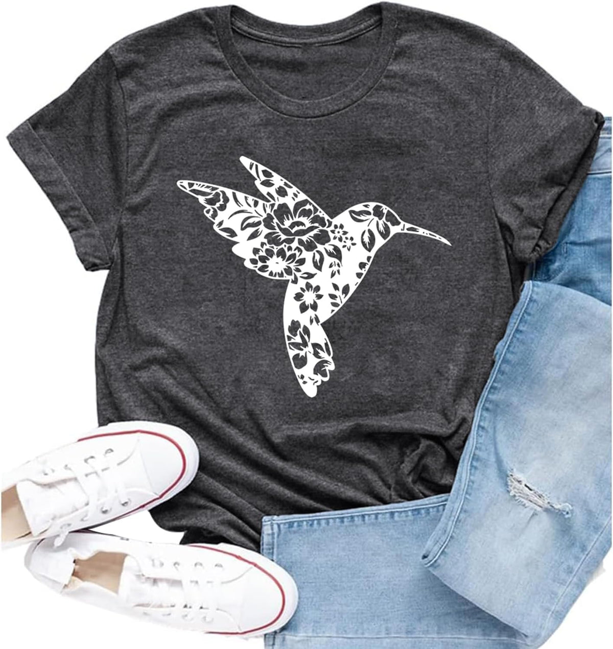 Women Hummingbird Shirt Funny Floral Bird Lover Birdwatching Tee - Grey