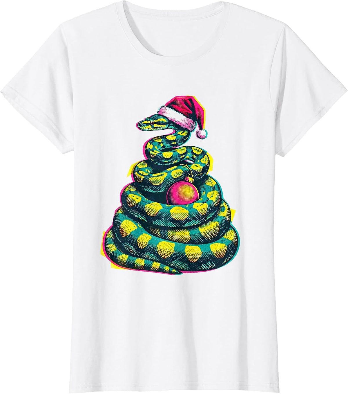 Ball Python Santa Hat Risograph Reptile Lover Christmas T-Shirt - White