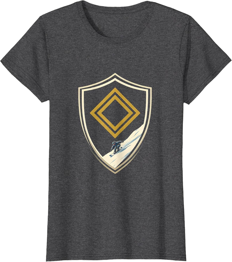 Women's Double Diamond Snowboarder Shield Ski Dad Humor T-Shirt - Dark Heather Grey