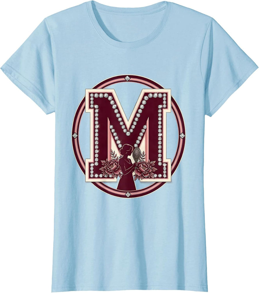 Women's Vintage Hand Mirror Floral Mimi Design T-Shirt - Baby Blue
