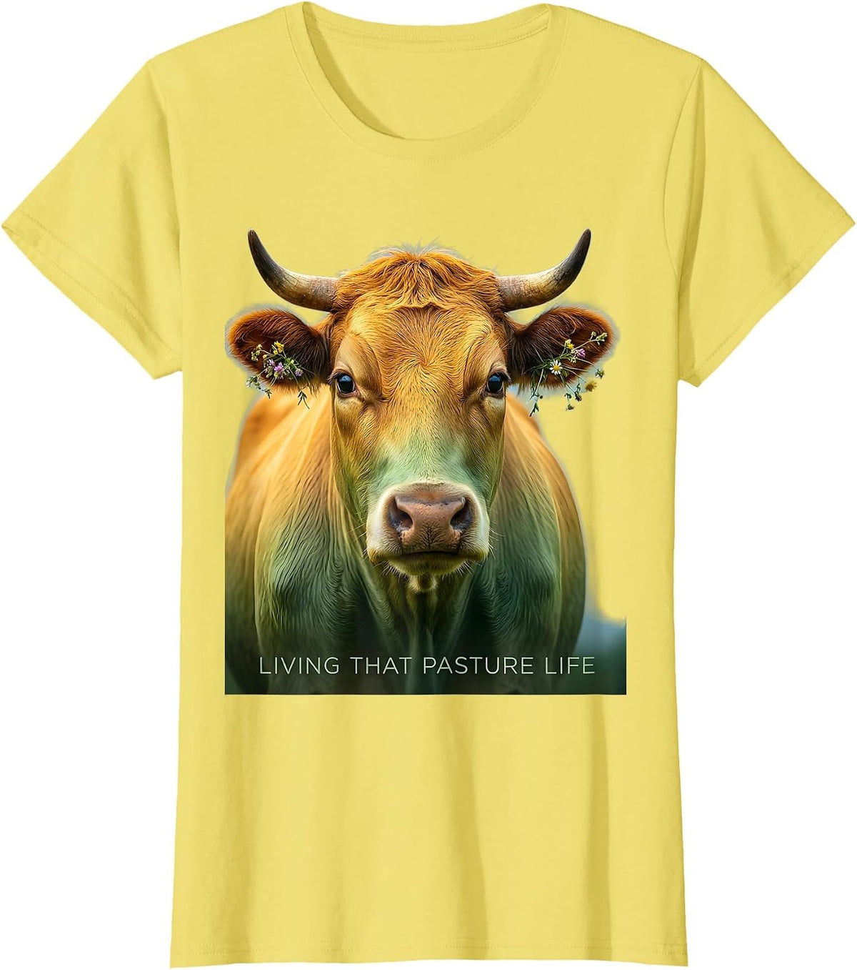 Women's Living That Pasture Life Cow Graphic Design T-Shirt - Lemon Yellow
