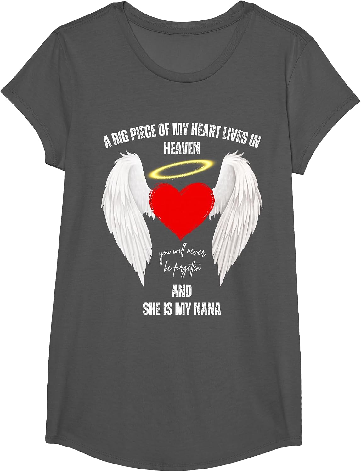 A Big Piece of My Heart Lives in Heaven she is My Nana Angel T-Shirt - Girls Asphalt Grey