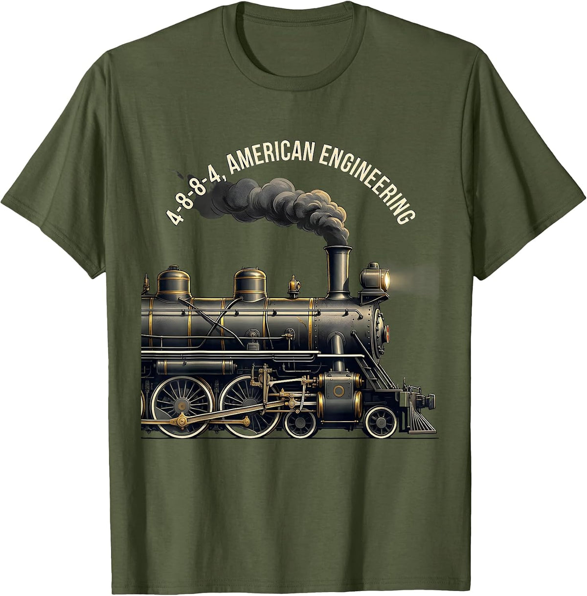 4-8-8-4 American Engineering Vintage Steam Locomotive Train T-Shirt - Olive Green