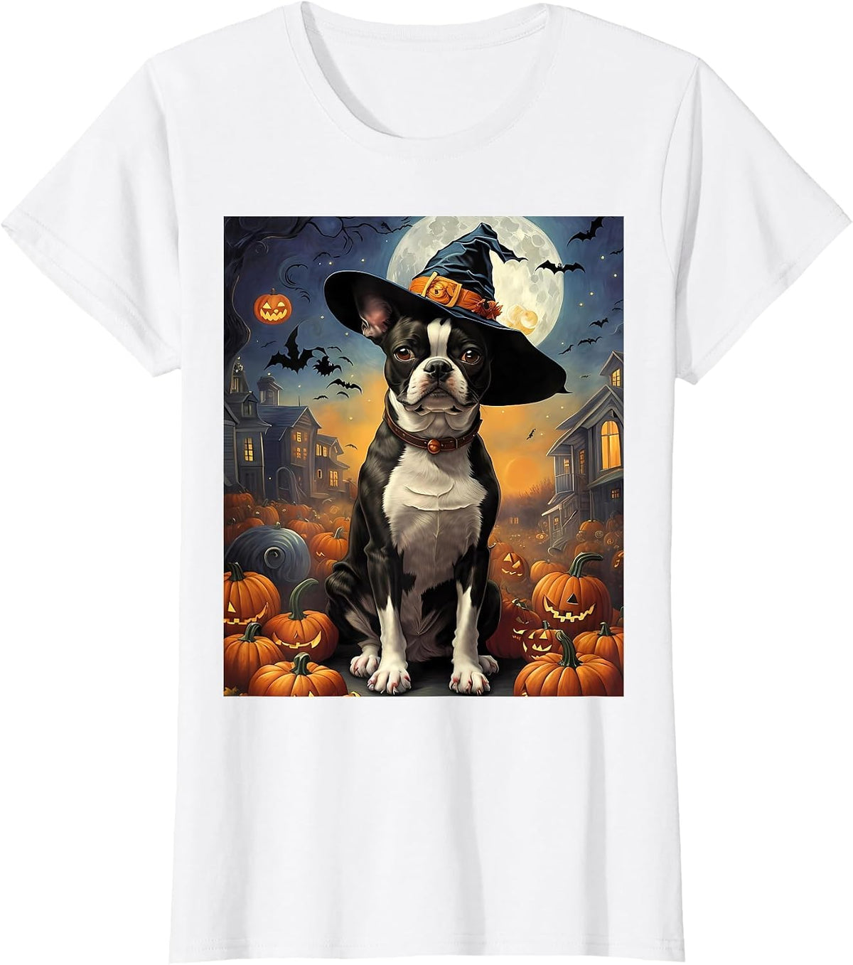 Aesthetic Halloween Boston Terrier Dog Witch Pumpkin T-Shirt - White