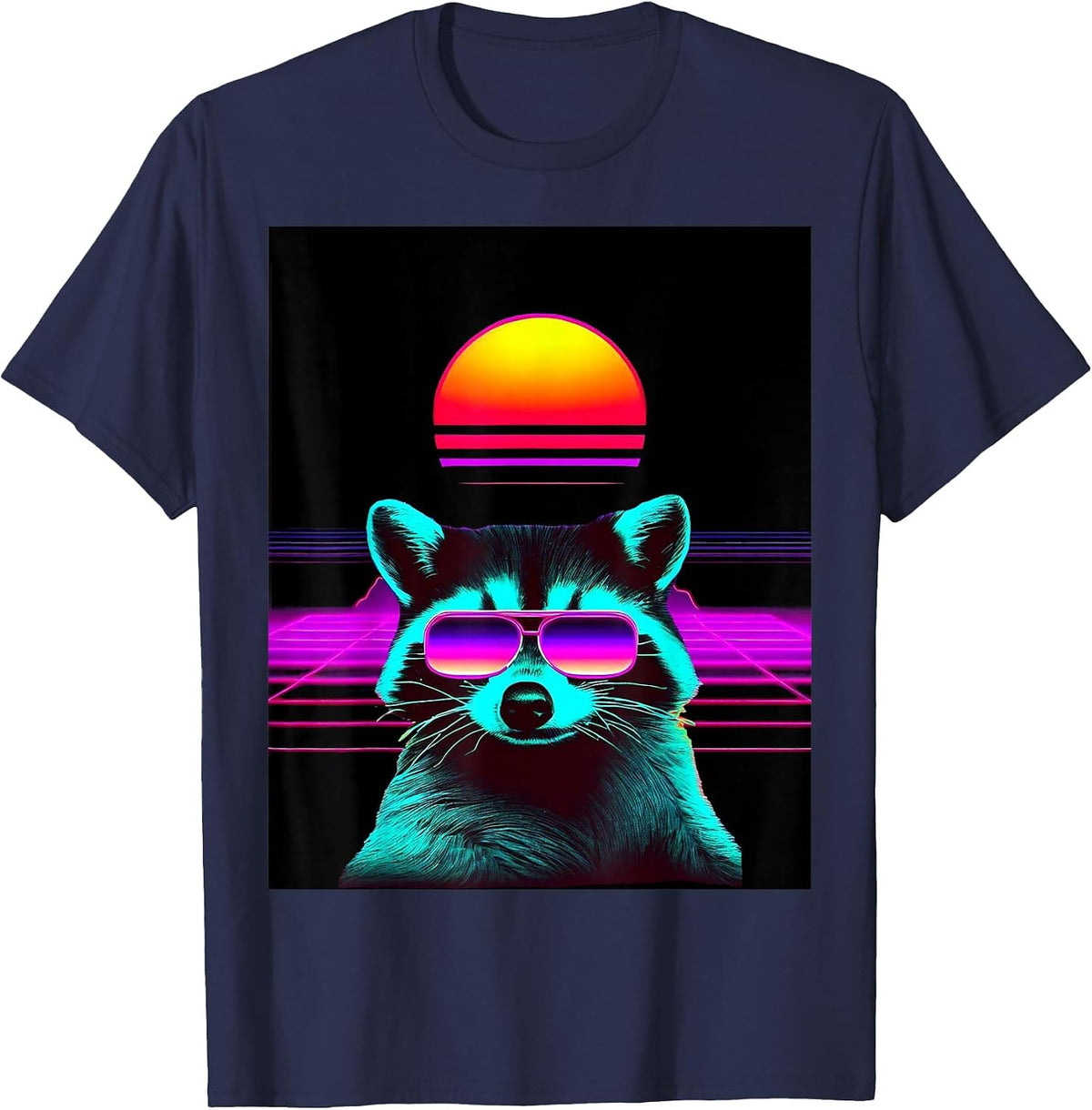 Funny Retro Vaporwave Synthwave Cute Racoon T-Shirt - Navy Blue