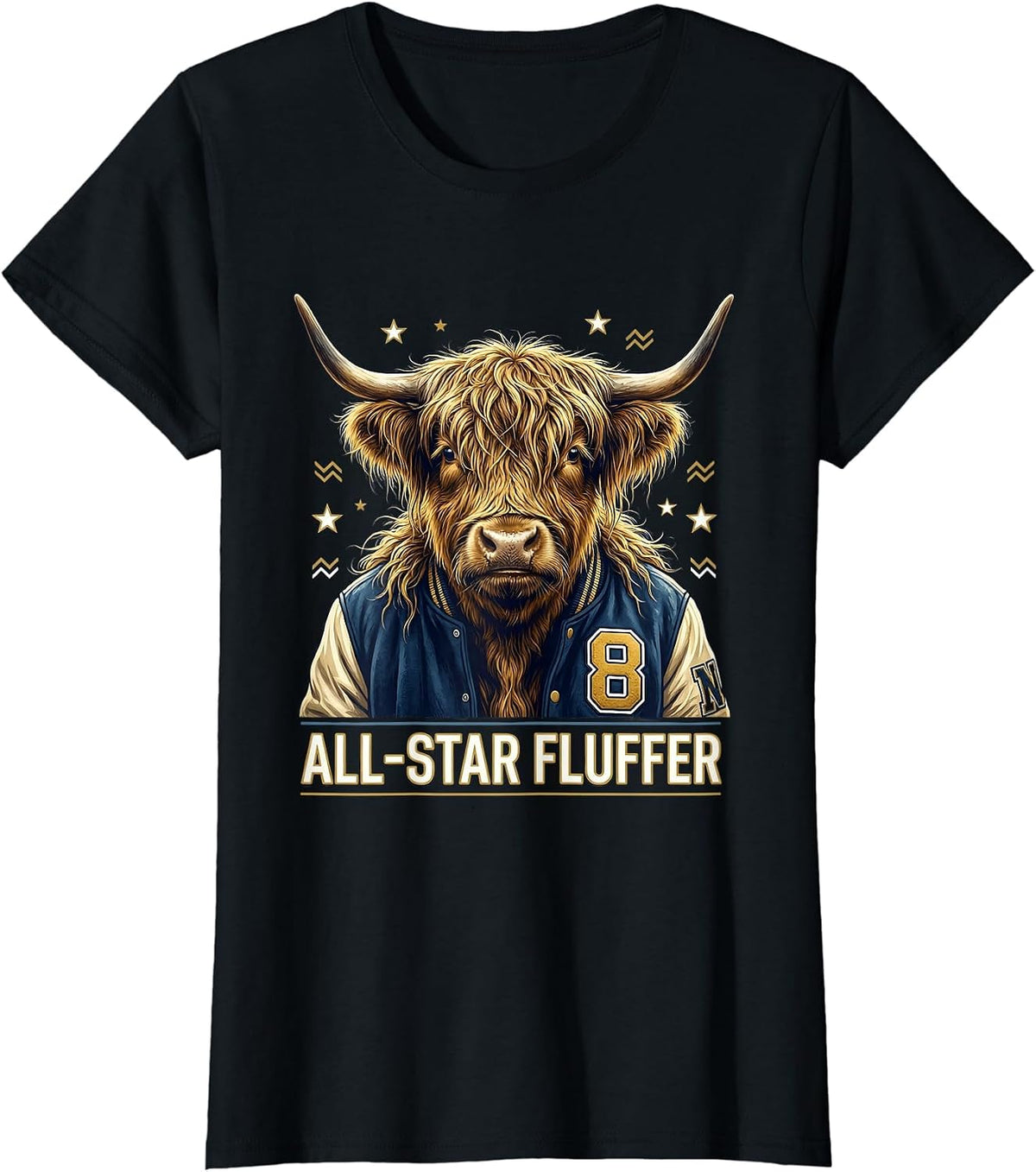 All-Star Fluffer Highland Cow Varsity Design T-Shirt - Black
