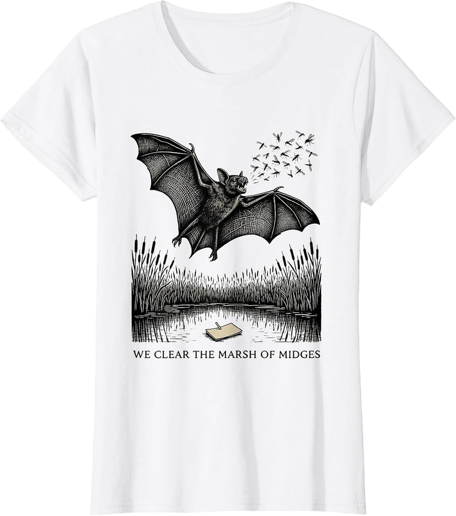 Women's We Clear The Marsh Of Midges Vintage Bat Lover Wildlife T-Shirt - White