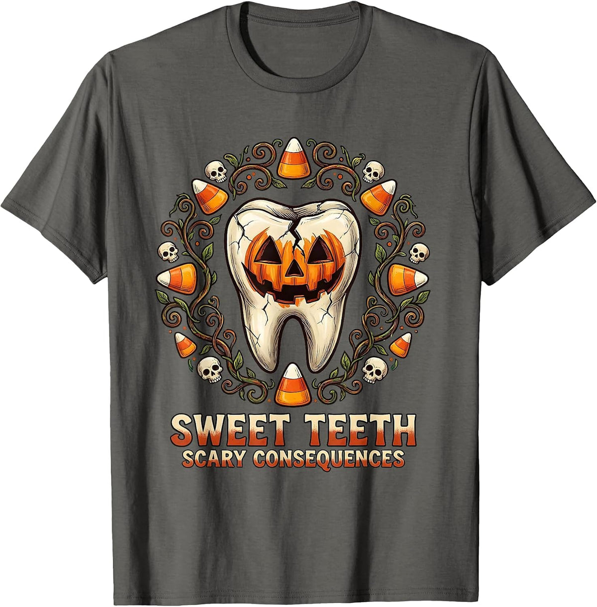 Men's Sweet Teeth Scary Consequences Dental Halloween T-Shirt - Asphalt Grey