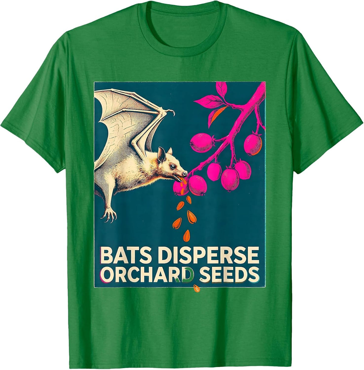 Men's Bats Disperse Orchard Seeds Risograph Bat Lover Nature T-Shirt - Kelly Green