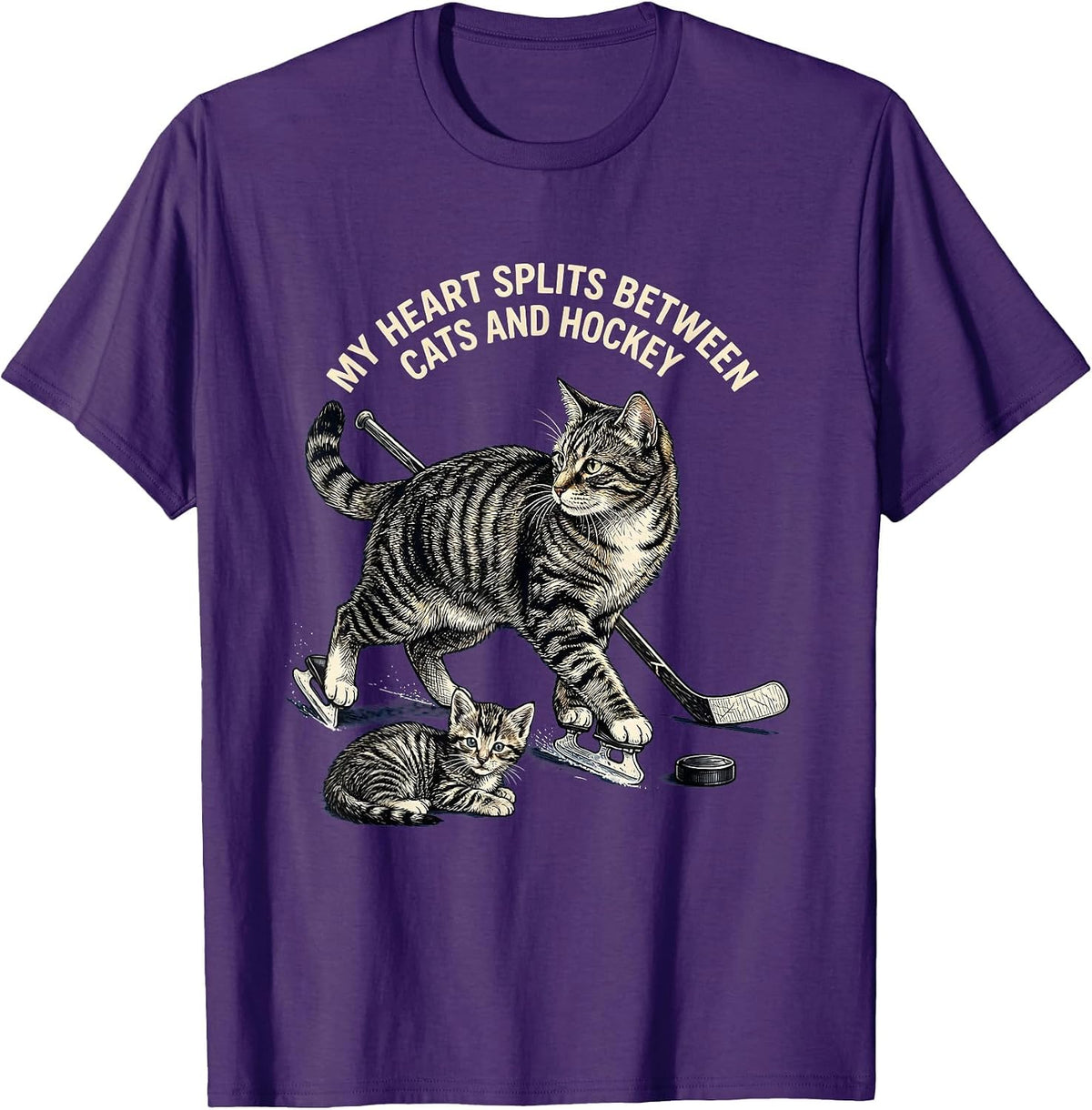 My Heart Splits Between Cats And Hockey Cat Lover T-Shirt - Purple
