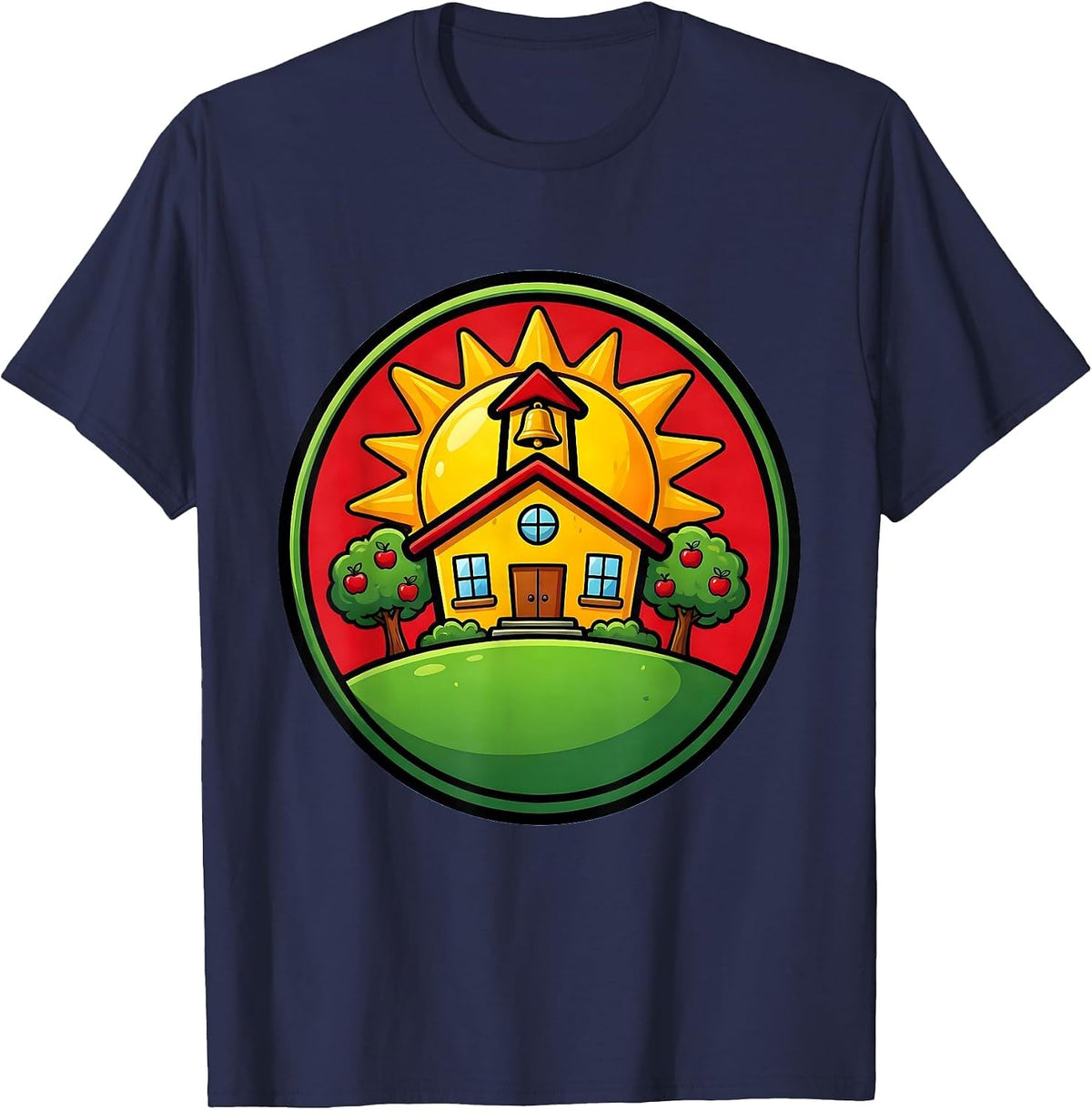 3rd Grade Teacher Schoolhouse Sunrise Illustration T-Shirt - Navy Blue