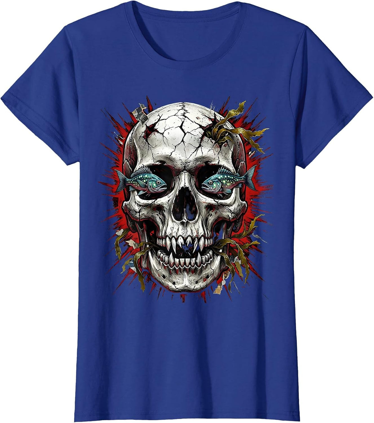 Women's Deep Ocean Skull Halloween Graphic Tee T-Shirt - Royal Blue