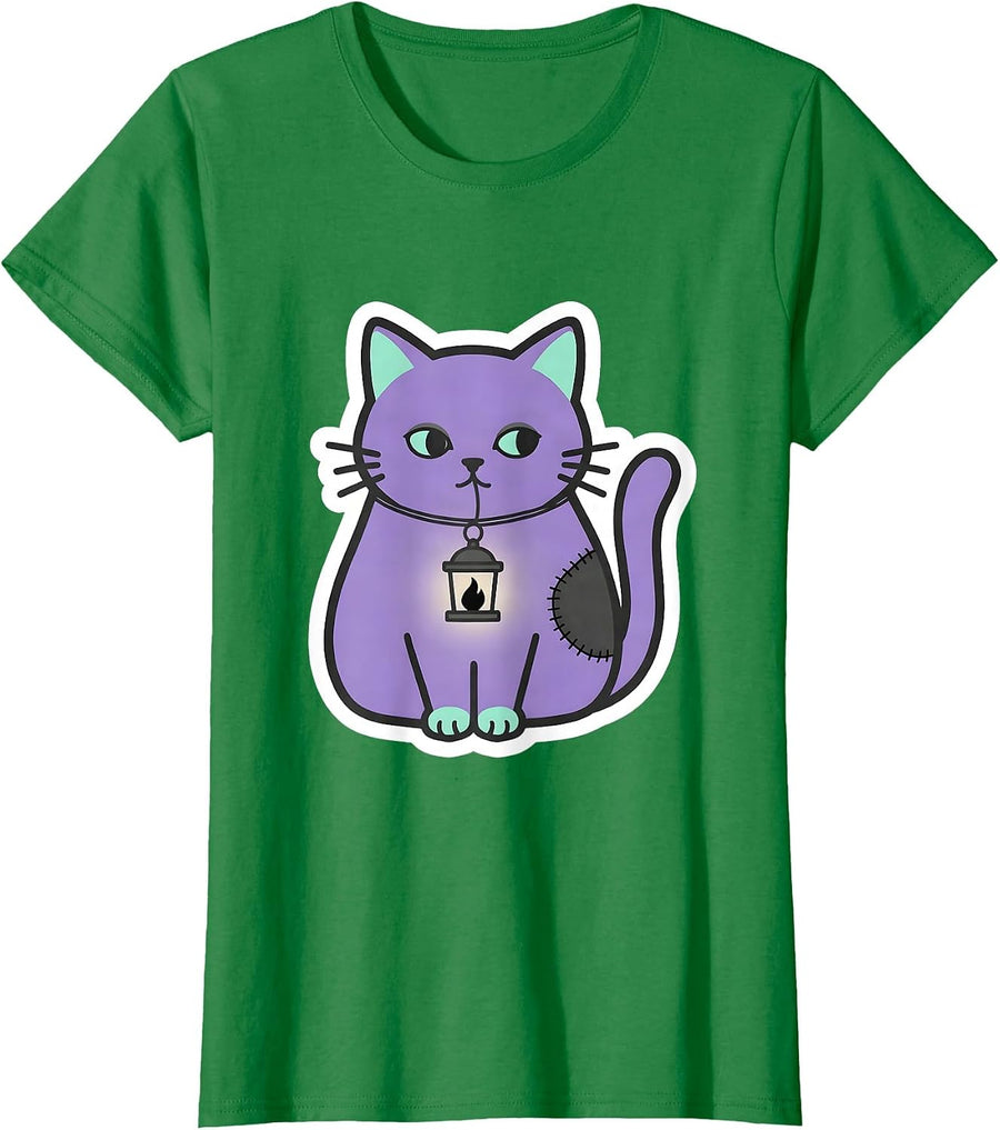 Women's Perched Feline Patch Gothic Kawaii Pastel Goth Cat T-Shirt - Kelly Green