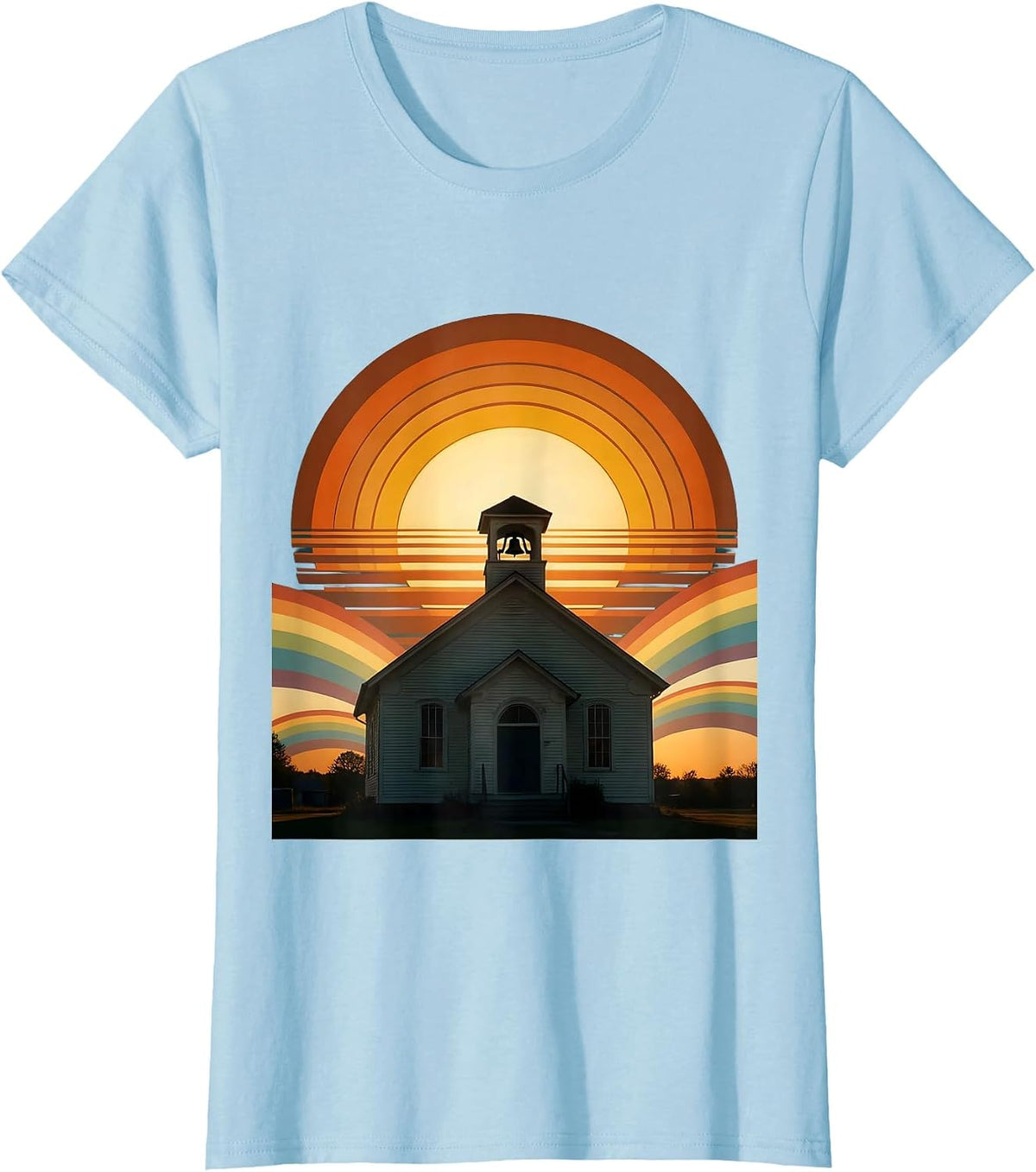 First Grade Teacher Schoolhouse Sunrise Design T-Shirt - Baby Blue