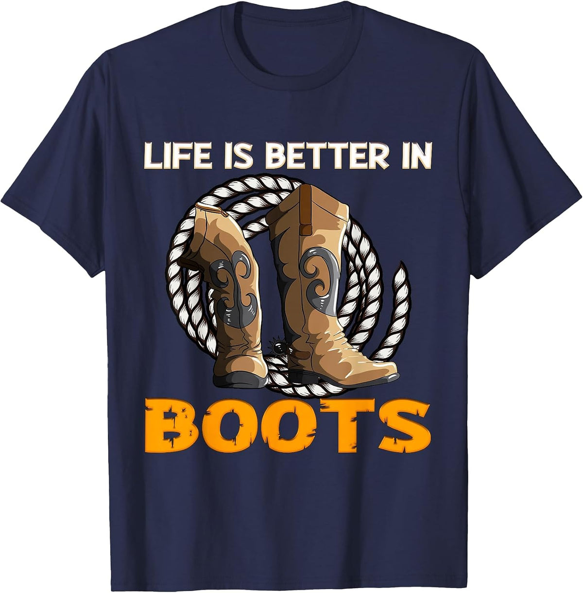 Life is Better in Boots Herd Animals Cowboy Boots T-Shirt - Navy Blue