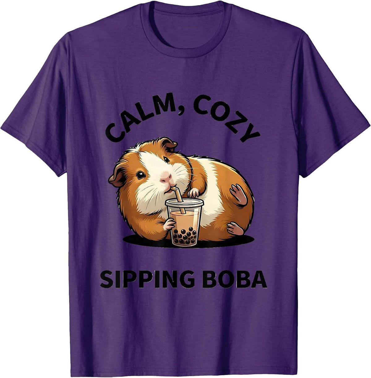 Calm Cozy Sipping Boba Cute Kawaii Guinea Pig Anime Girl T-Shirt - Purple