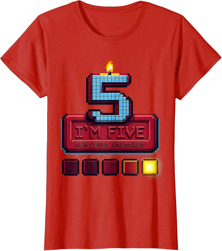 Women's I'm Five New Level Unlocked Pixel Art Kids Birthday Age T-Shirt - Red