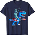 Dino Statue of Liberty 4th of July TRex American Flag Boys T-Shirt - Navy Blue