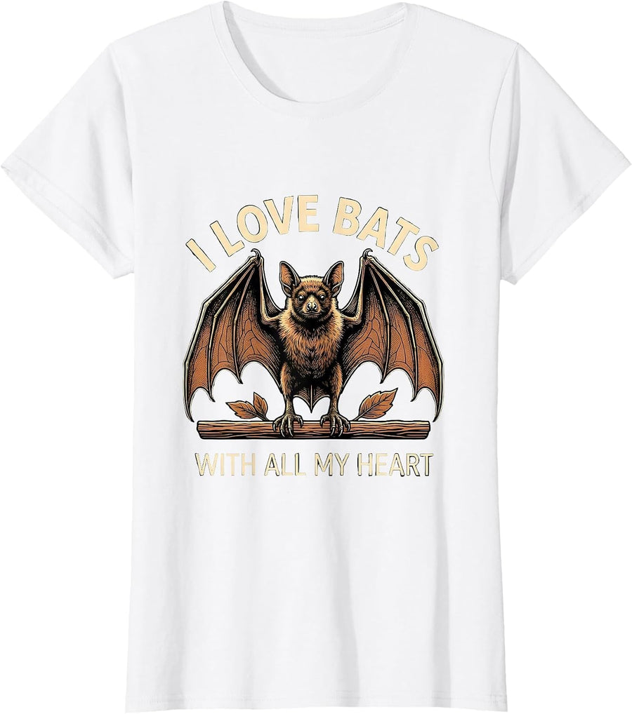 Women's I Love Bats With All My Heart Funny Bat Lover Wildlife T-Shirt - White